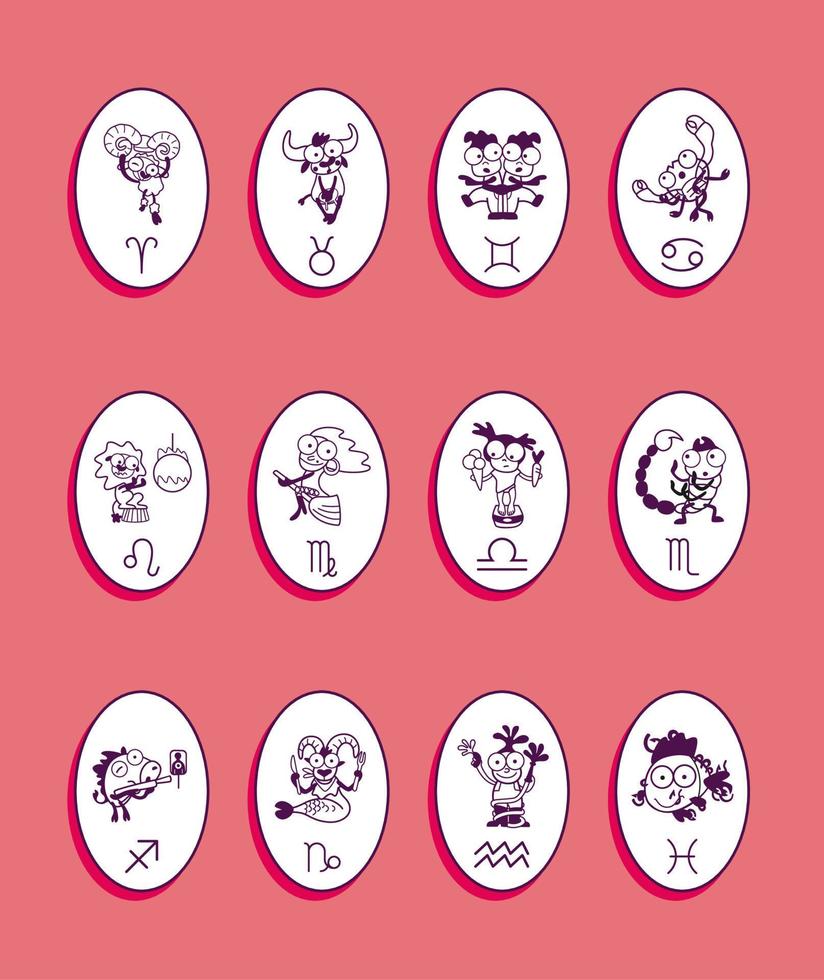 establecer pegatinas de signos del zodiaco personajes de caras cómicas horóscopo astrológico dibujado a mano en estilo de dibujos animados. fondo rosa doce símbolos. vector