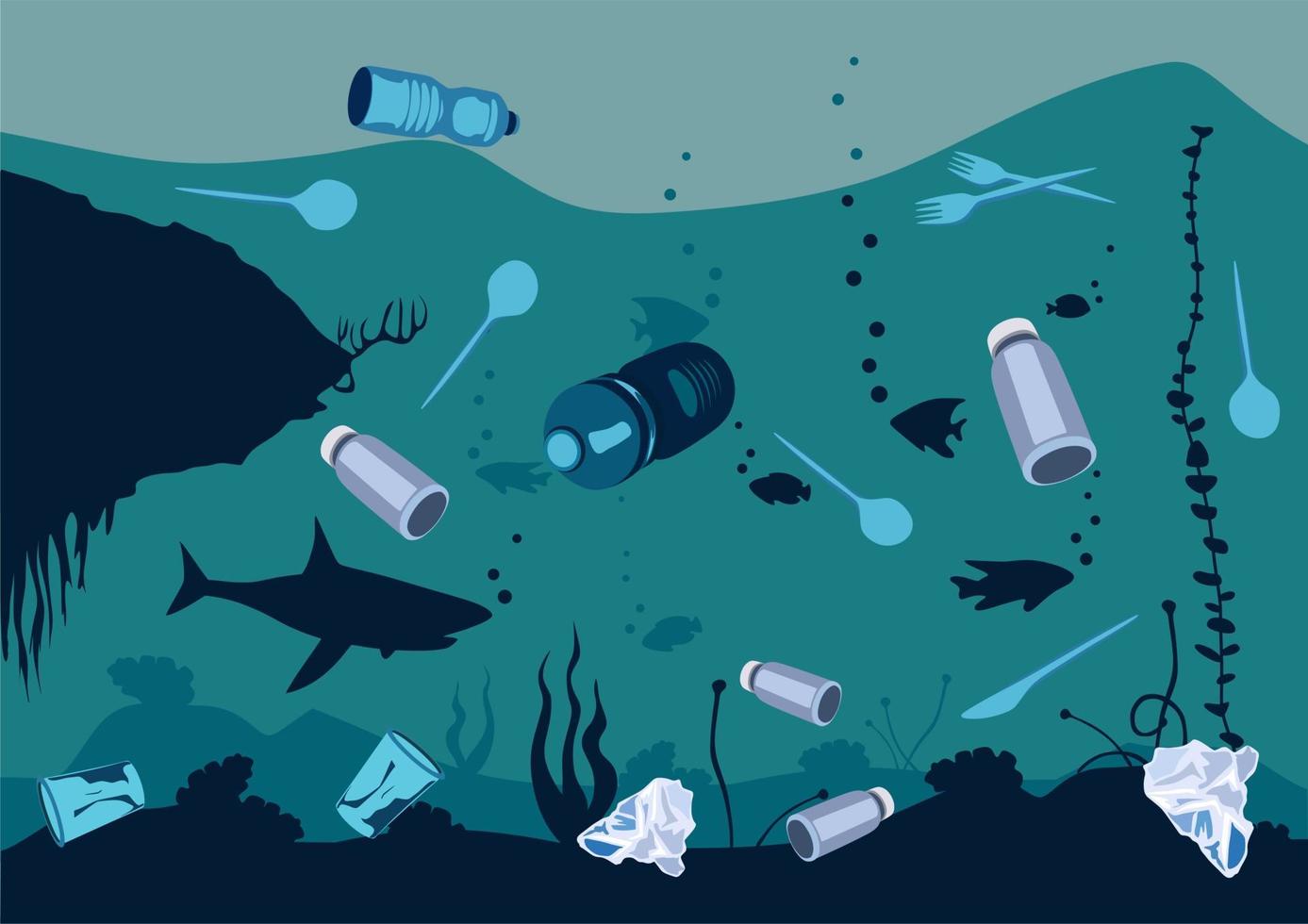 Underwater life template. Ocean bottom with seaweeds. Marine scene. Stop plastic pollution. Plastic bottles, bags, knifes, spoons, forks. Blue plastic. vector