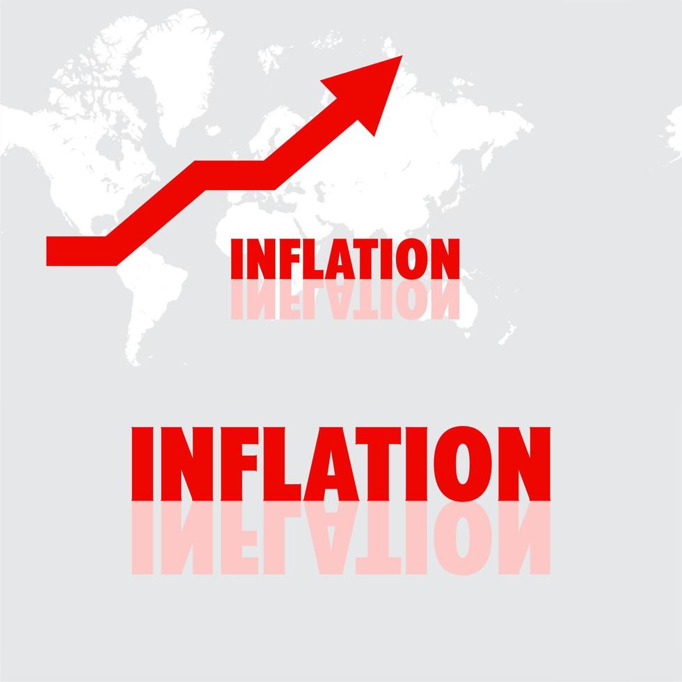 la inflación alimentaria y la crisis van en aumento. mapa del mundo. flecha roja. verduras, frutas y otros productos. vector