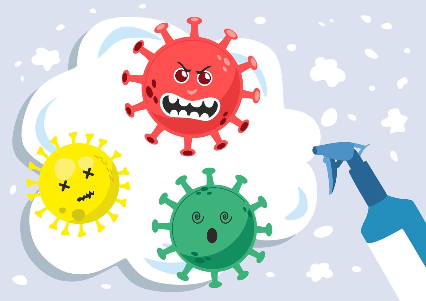 Spraying alcohol to prevent and stop infection of coronavirus. Cartoon coronavirus or monkey pox viruses. vector