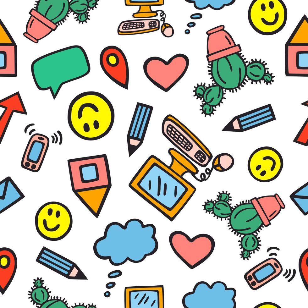 Colorful doodle icons. Seamless pattern. Cactus, computer, speak cloud, smile, arrow, mobile, envelope, home, pen, navigation sign, heart icons. vector