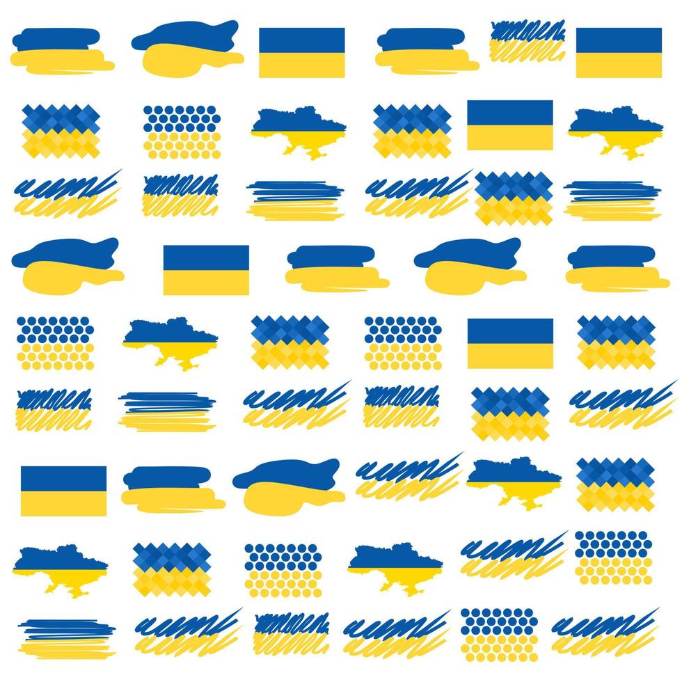 Pattern or background. Set of Ukrainian flags with brushstrokes, dots and lines. Ukraine national flag brush stroke effect on white background. vector