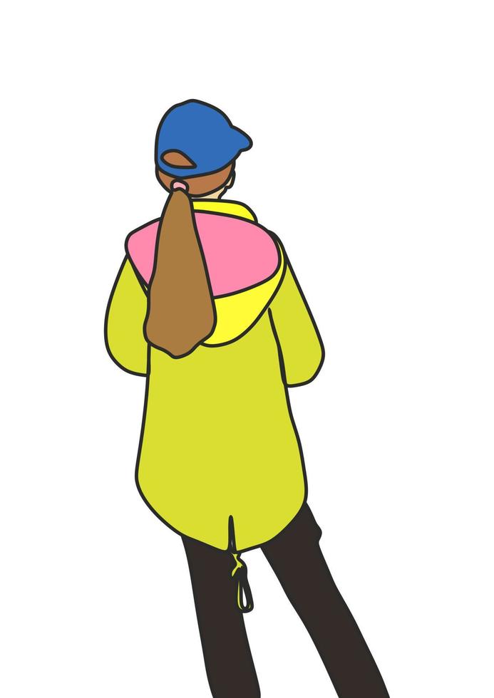 Girl is standing backwards and is wearing jacket and cap. Autumn time. Hairs gathered in a ponytail. Casual clothing's. vector