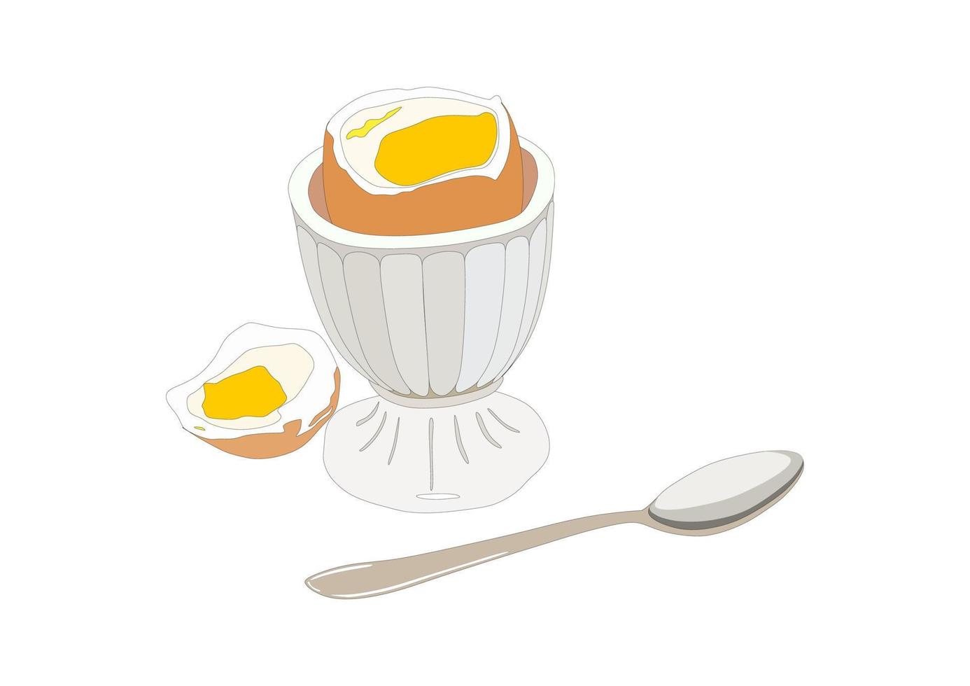 Boiled egg with eggshell for breakfast. Spoon. Dish. vector