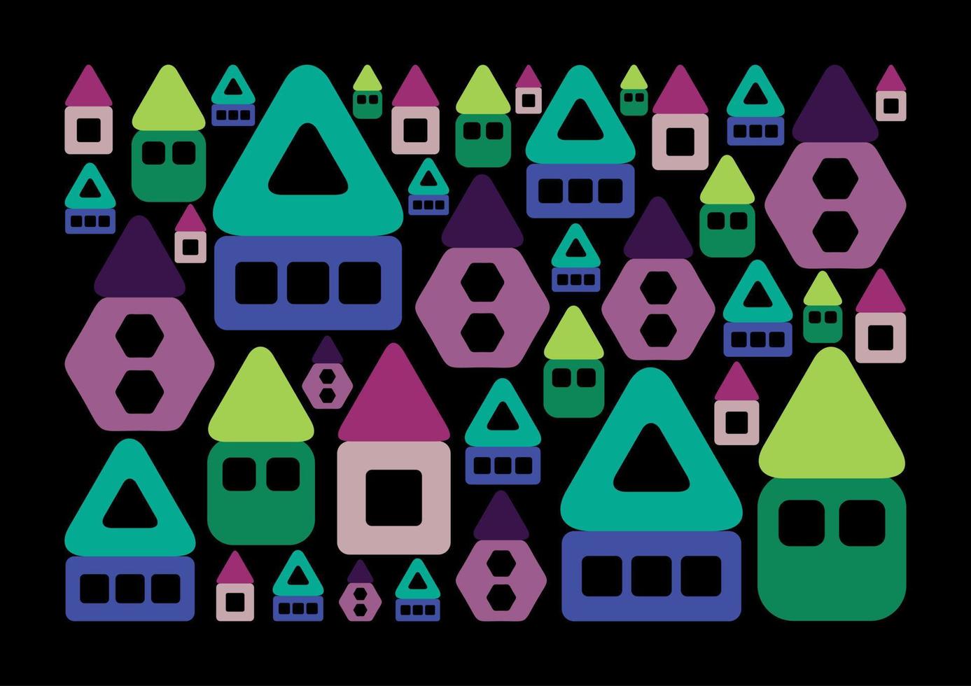 Abstract cozy colorful houses. Geometric shapes. Pattern on black background. Green, violet, blue colors. Different sizes. Copy paste. Ornamental. Triangles, squares, rectangles. vector