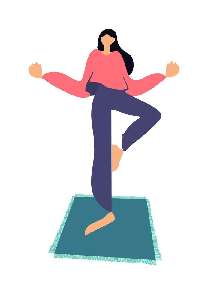 Young brunette girl with long hairs standing on mat in tree pose on white background. Vector flat illustration of the woman doing yoga, meditation, healthy lifestyle.