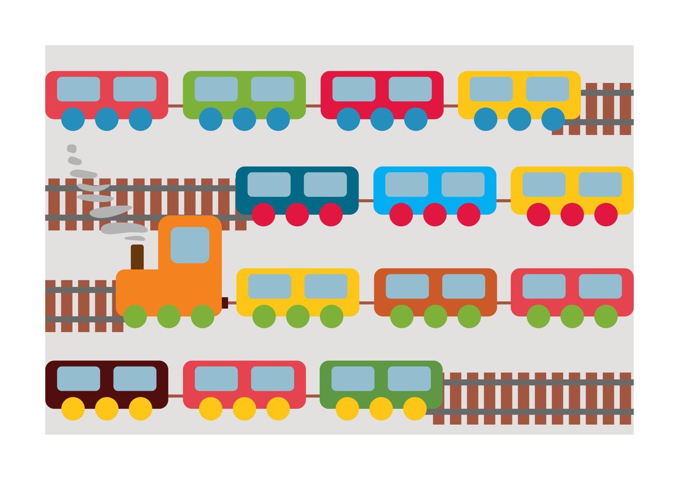 Train toys pattern. Locomotive for kid. Cartoon wagon, wheels and railway for child. Train isolated on gray background. Cute icon for holiday, birthday and shop. Transport children game. Vector. vector