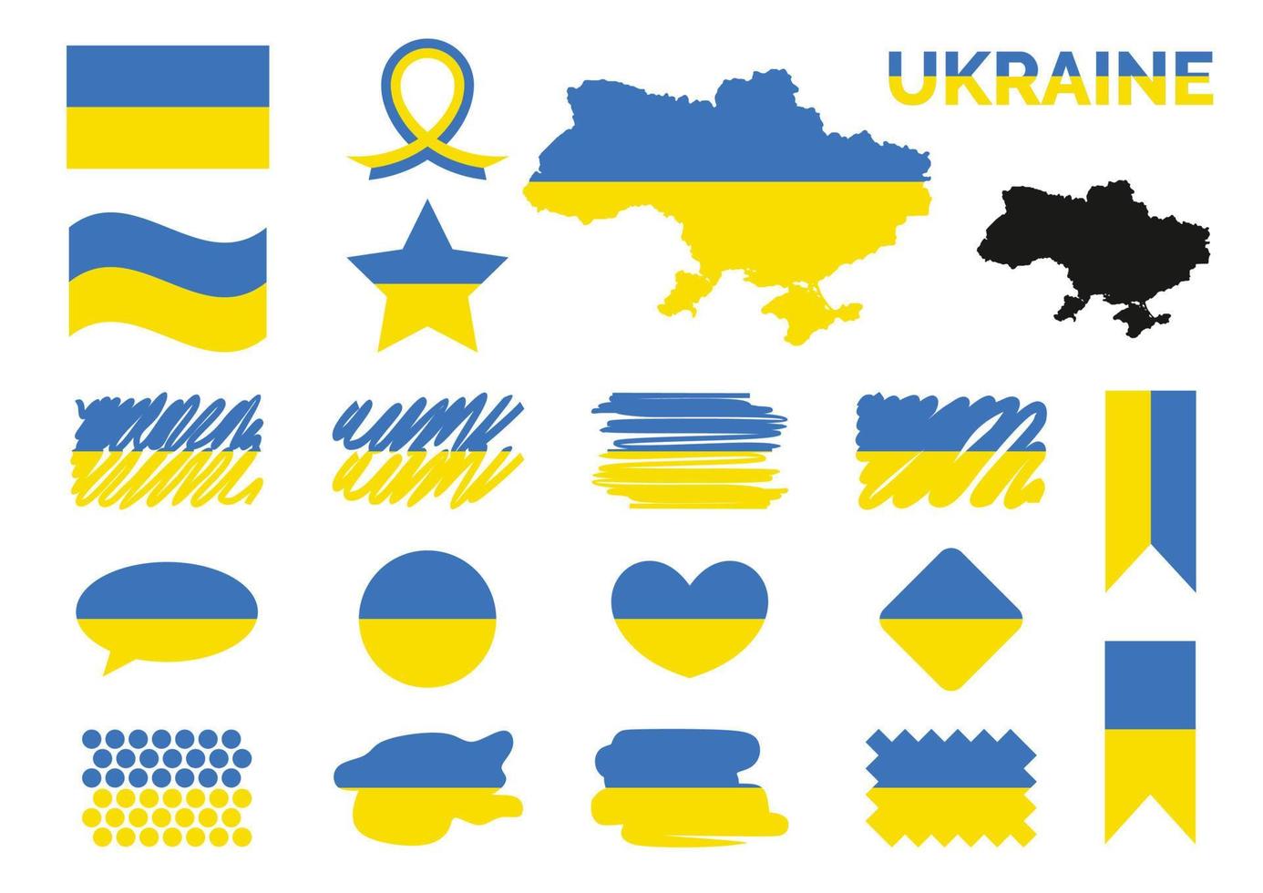 Symbol elements collection with the flag of ukraine design. Button, rhombus, dotts, hand drawn, speak cloud,heart, circle, icons, ribbon, star, word, flags. Blue and yellow. Wavy vector