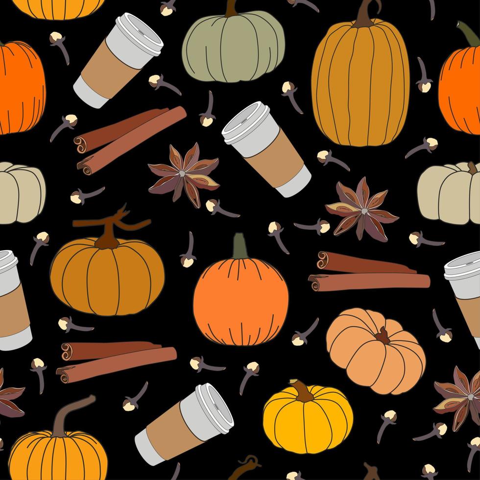 Pumpkins, coffee cups, cinnamon sticks on black seamless background. Orange, yellow colors. Autumn time. Halloween celebration. Cozy things. Thanks giving. vector