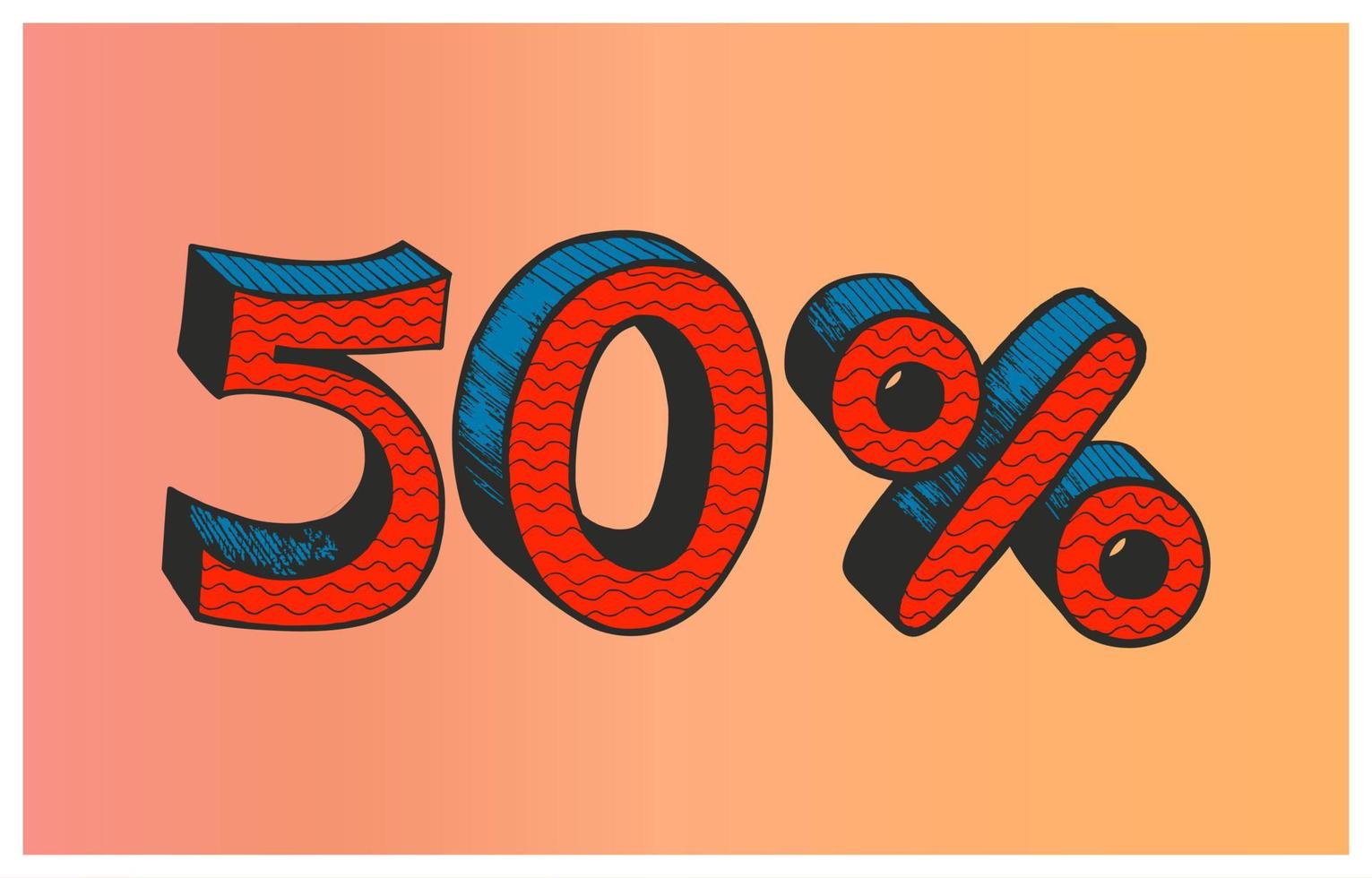 50 percent. Hand drawn doodle style. Black, red, blue, orange, yellow. Sale, discount. Discount Label 50 percent. Vector Template Design Illustration.