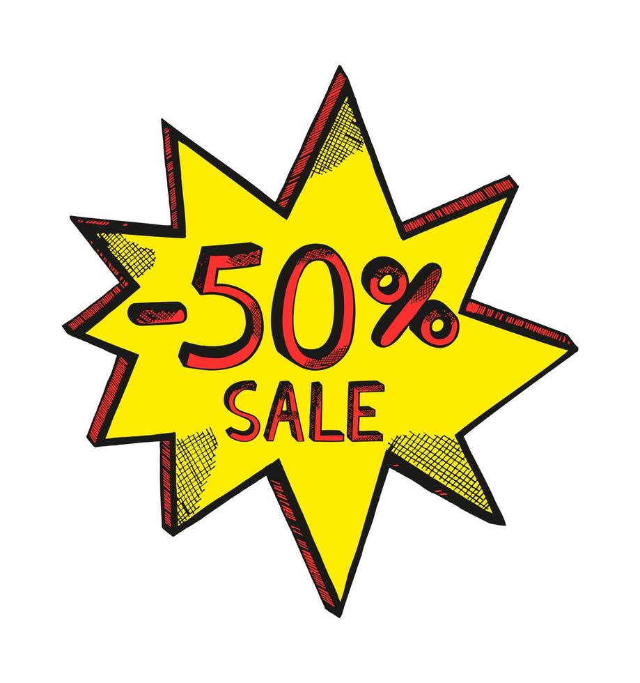 Yellow and red Vector Sticker Sign For 50 precents Clearance Off. Hand drawn doodle style. Boom or star effect. Big sale sticker.