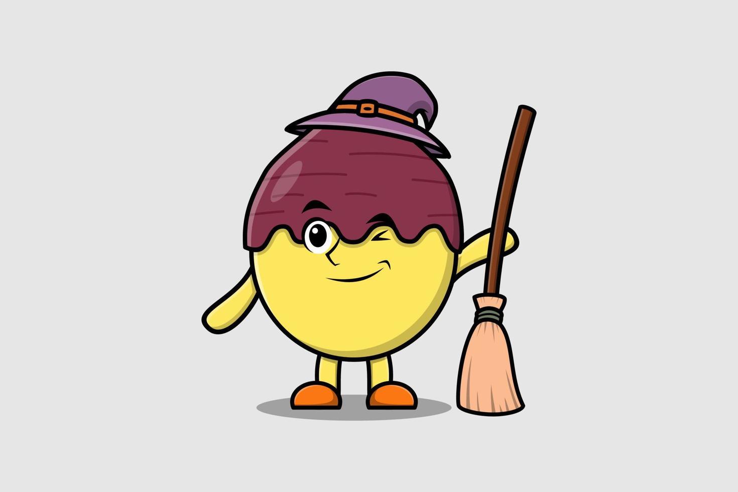 lindo personaje de batata en forma de bruja de dibujos animados vector