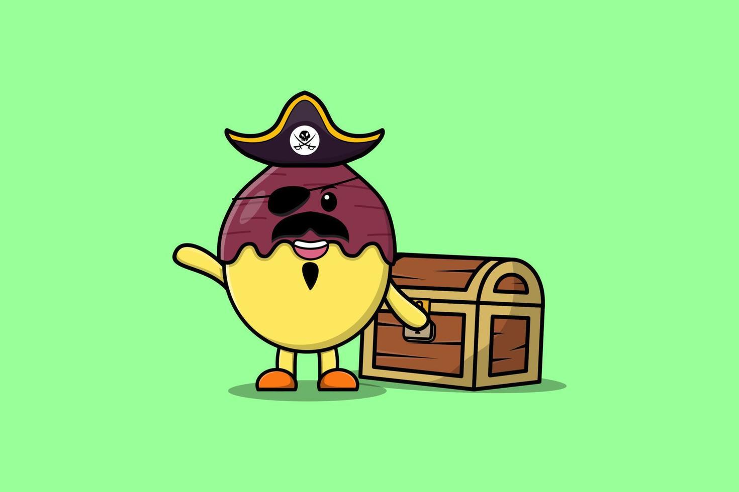 Pirata de batata de dibujos animados lindo con caja del tesoro vector