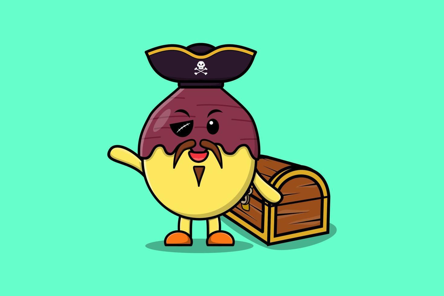 Pirata de batata de dibujos animados lindo con caja del tesoro vector