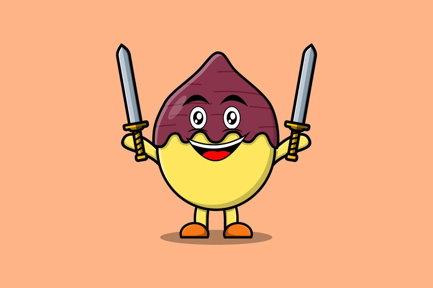 lindo personaje de batata de dibujos animados con dos espadas vector