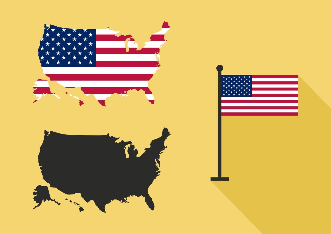 mapa de diseño de bandera de estados unidos sobre fondo amarillo. vector de las banderas del mapa de estados unidos. bandera en el mapa, ilustración vectorial. silueta negra.