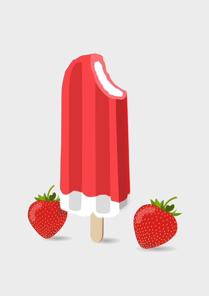Frozen ice cream icon vector illustration with strawberries. Red and white color. Dessert.