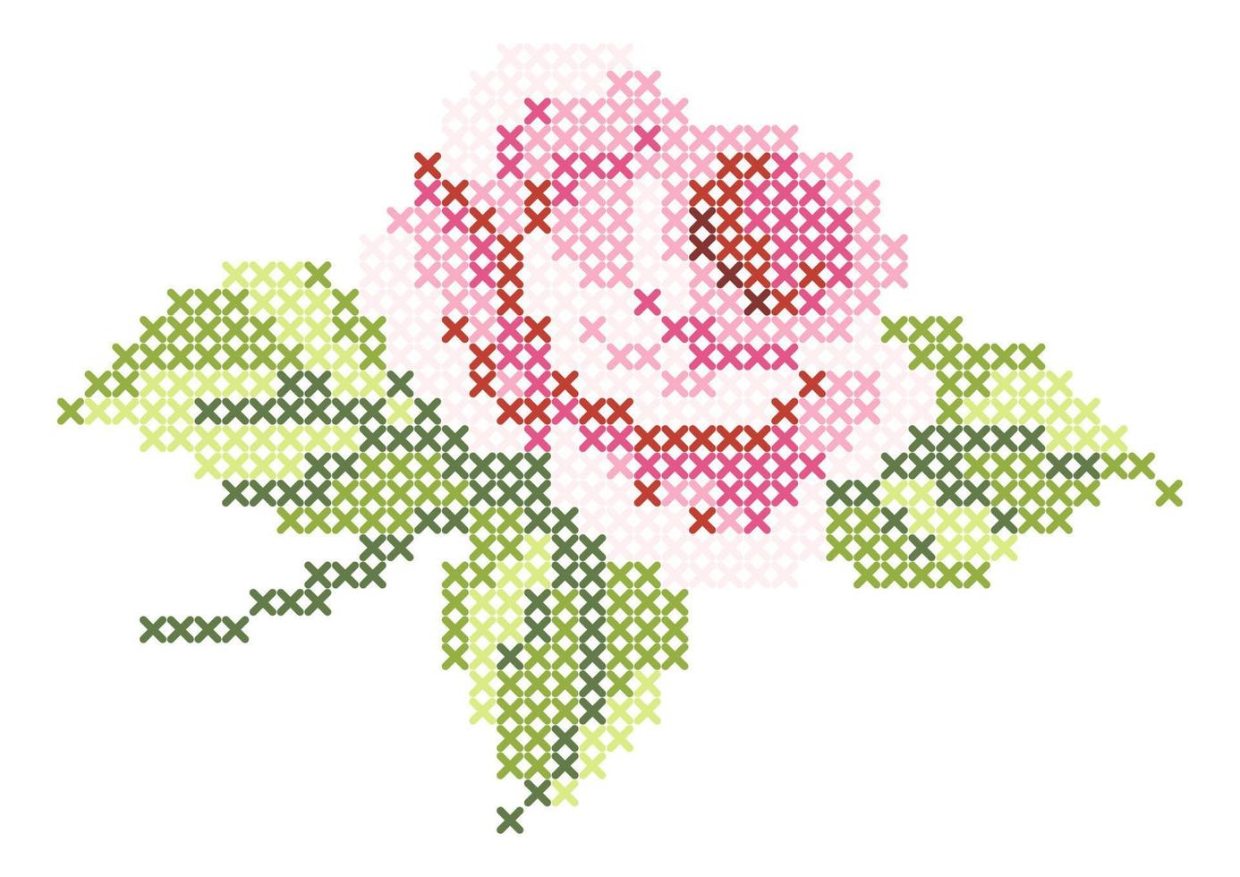 Cross stitch pink rose. Flower with leafs. White background. vector