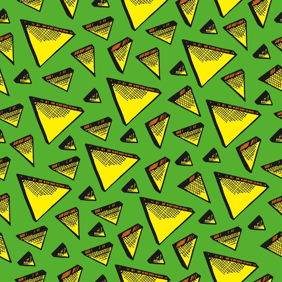 Doodle triangles seamless background. Textile, print, fabric, wrapping. Lines and shapes. Hand drawn simple style. Yellow, green, black. vector