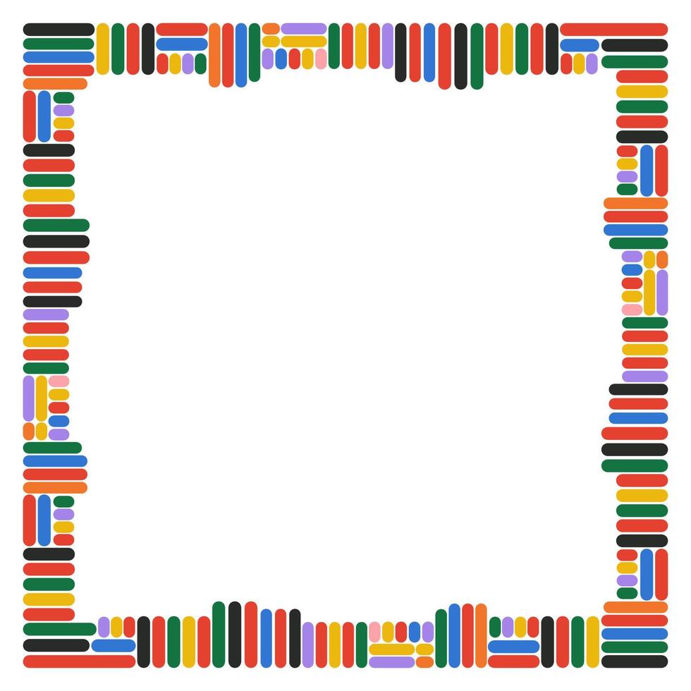 Colorful pattern frame. Fun colorful lines or stripes doodle shape border. Yellow, green, violet, black, orange, red, blue colors. Mosaic. Post, banner for web. Invitation, card. Abstract frame art. vector