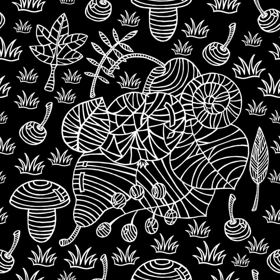 Nature doodle with beautiful berries, leaf's, apple, mushroom, pear on black seamless background. vector