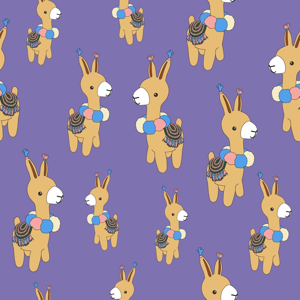 Cute cartoon alpaca or lama isolated on violet seamless background. Hand drawn knitted toy. vector