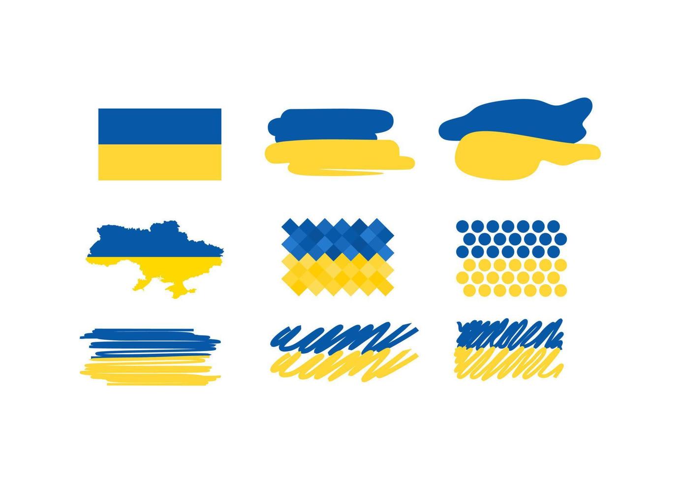 Set of ukrainian flags with brushstrokes, dots and lines. Ukraine national flag brush stroke effect on white background. vector