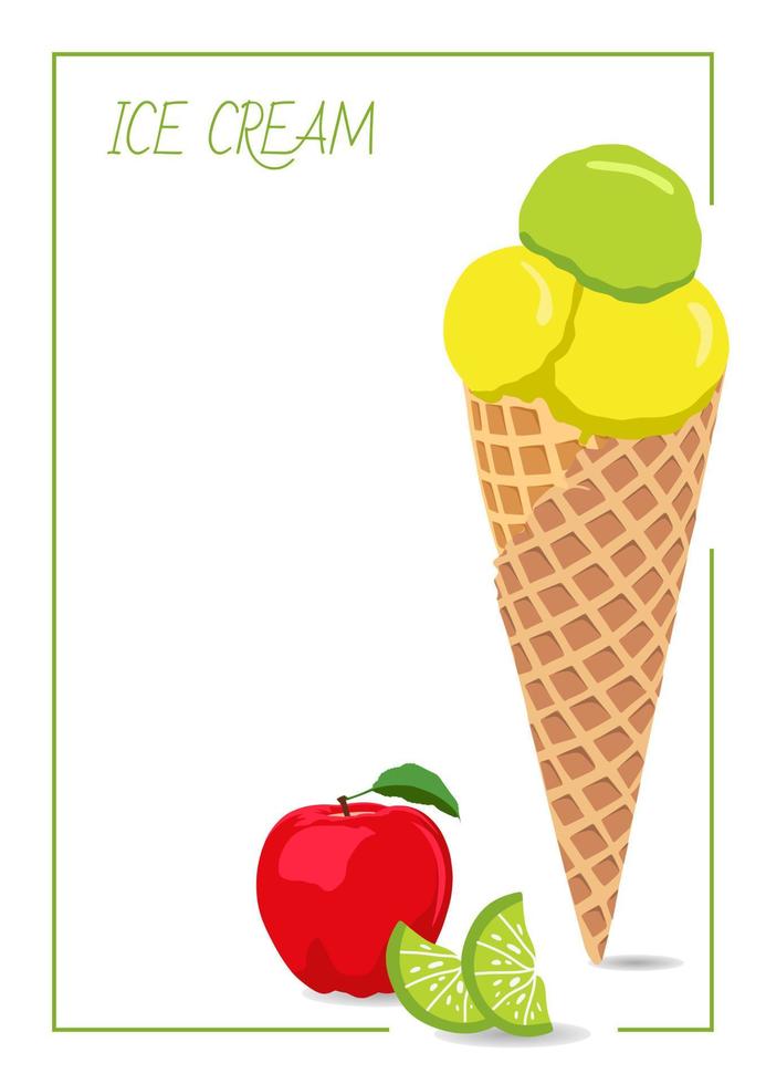 Ice cream icon vector illustration with apple, lime flavor. Red, green, yellow colors. Sweet and cold dessert. Three scoops of ice cream. Waffle. Card, post, menu, banner. Empty space for text. Frame.