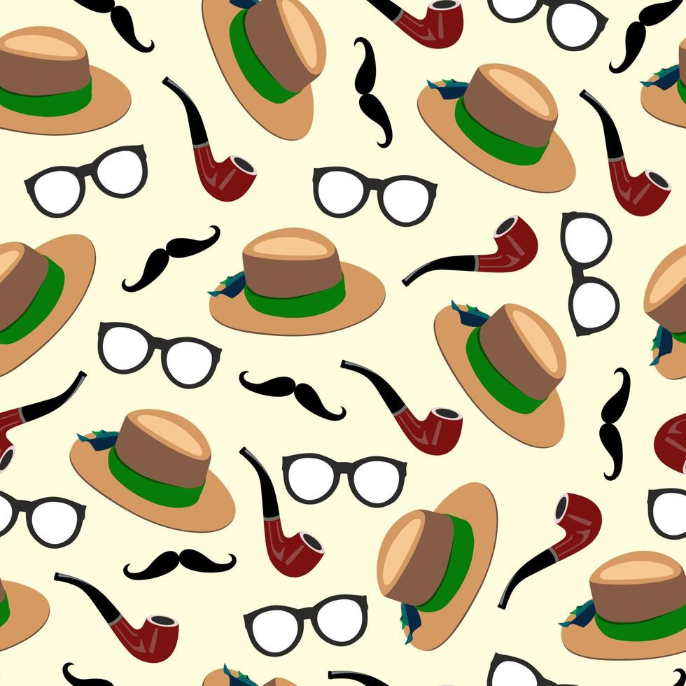 sombrero de hombre, pipa, gafas, bigote de patrones sin fisuras. fondo amarillo claro. tela, textil, estampado o papel para envolver. accesorios de caballero. vector