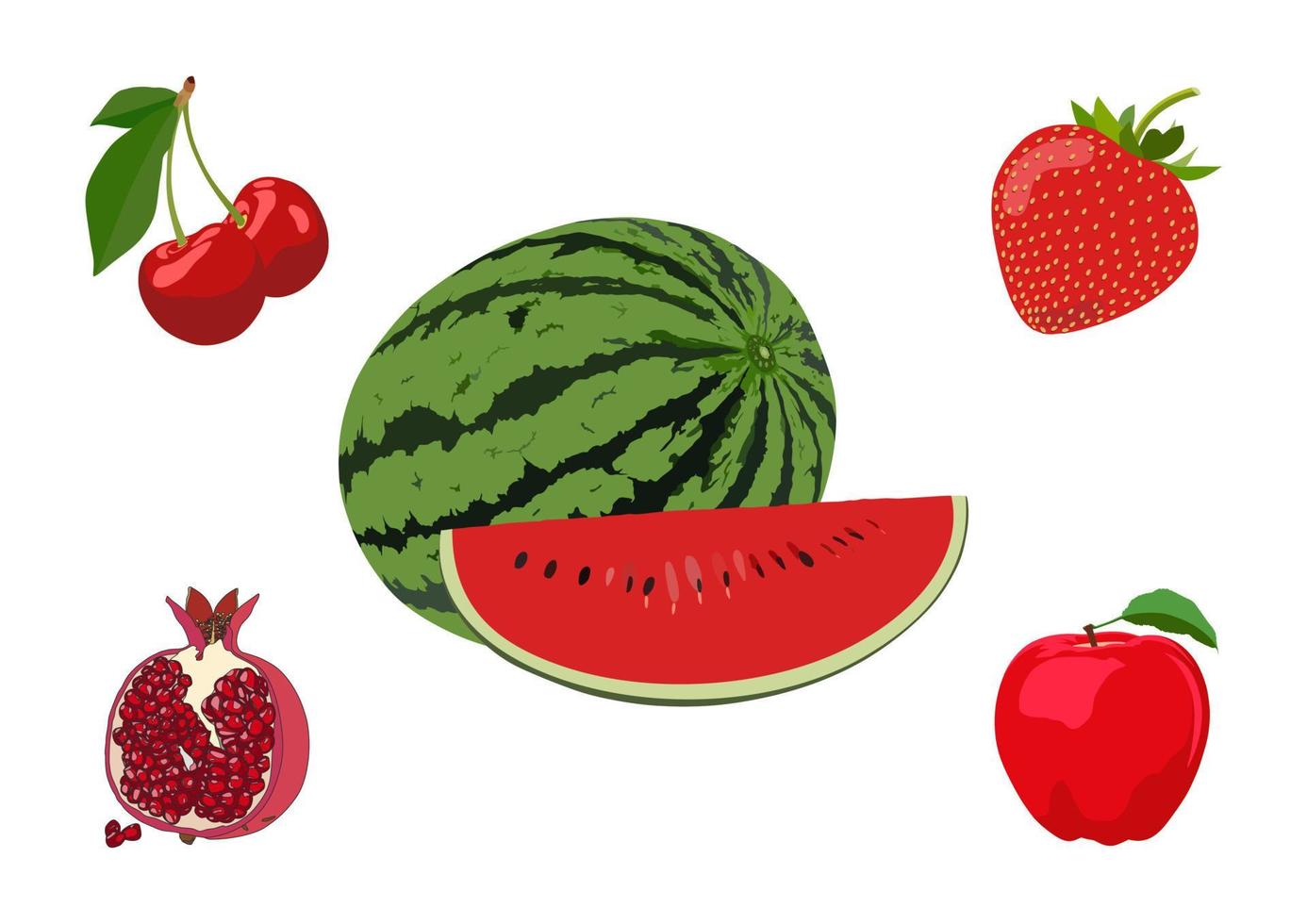 Watermelon, cherry, strawberry, apple, pomegranate isolated on white background. Set or group fruits. Exotic, healthy. Red colors. vector