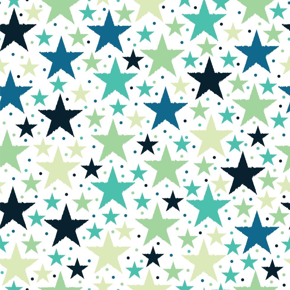 Blue, green, black and yellow stars seamless background. Wrapping paper, fabric, textile or print. Christmas time. Sky. Cosmos. vector