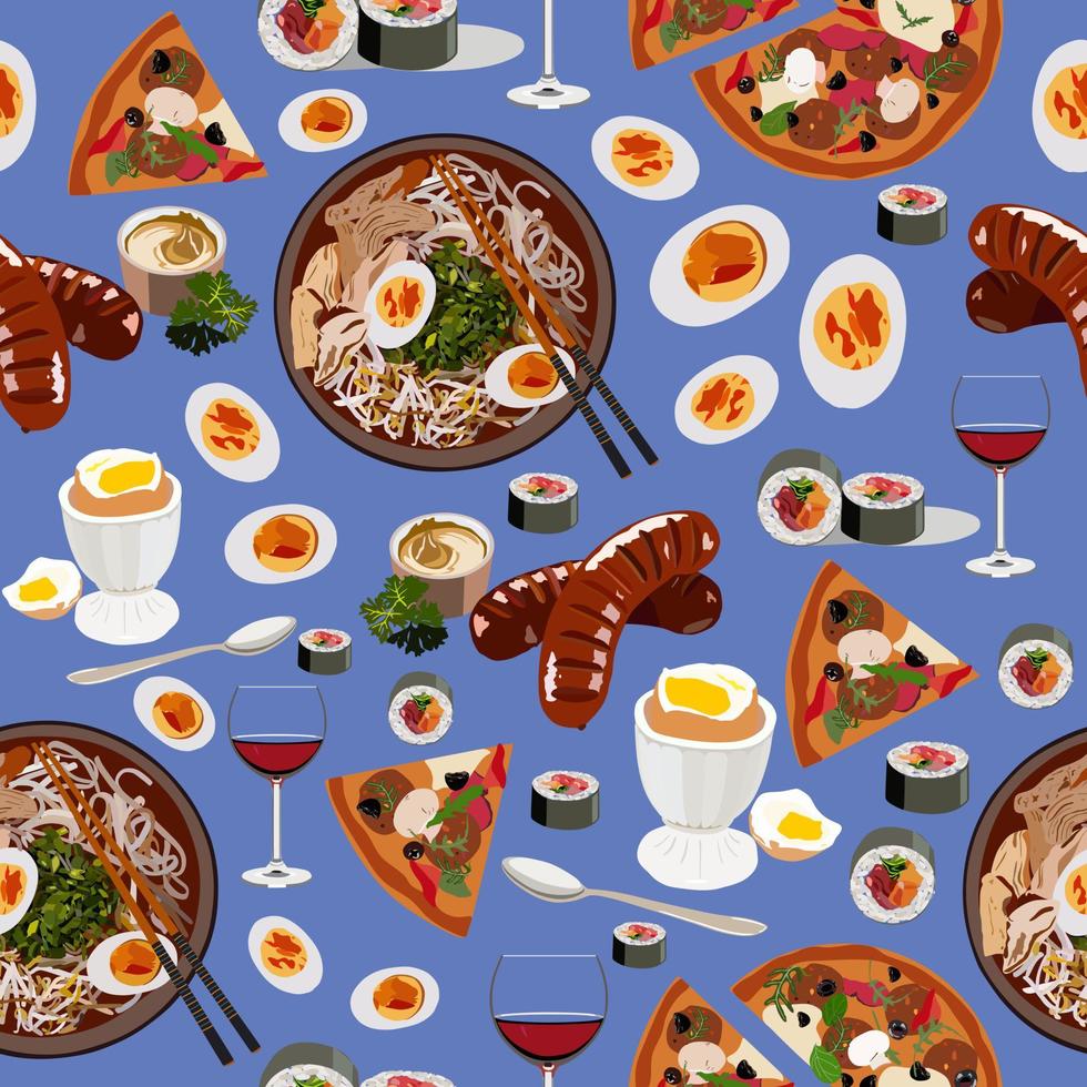 Seamless food pattern. Sausages, sushi and wine, ramen, pizza, eggs. Menu. Blue or violet background. Textile, print, fabric, wrapping paper. vector