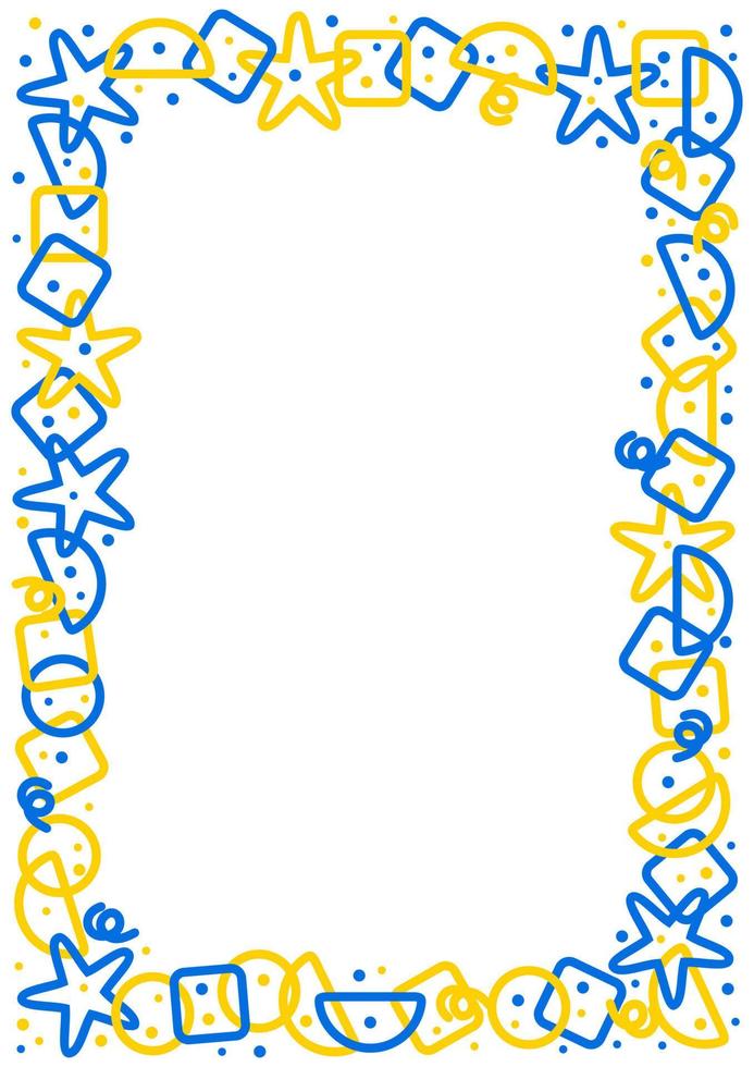 marco o borde colorido. círculos, triángulos, serpentinas, puntos, cuadrados, semicírculos, estrellas. fondo de forma de garabato de línea colorida divertida. colores azul, amarillo, blanco. espacio vacío para texto o imagen. vector