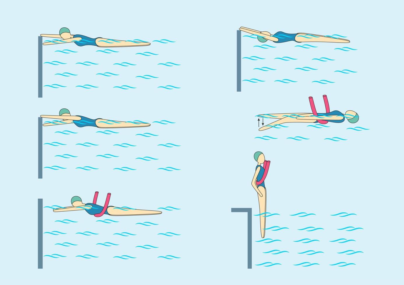 Exercises with swimming noodle. Swimming pool professional instructions. Girl or young women is exercising. vector