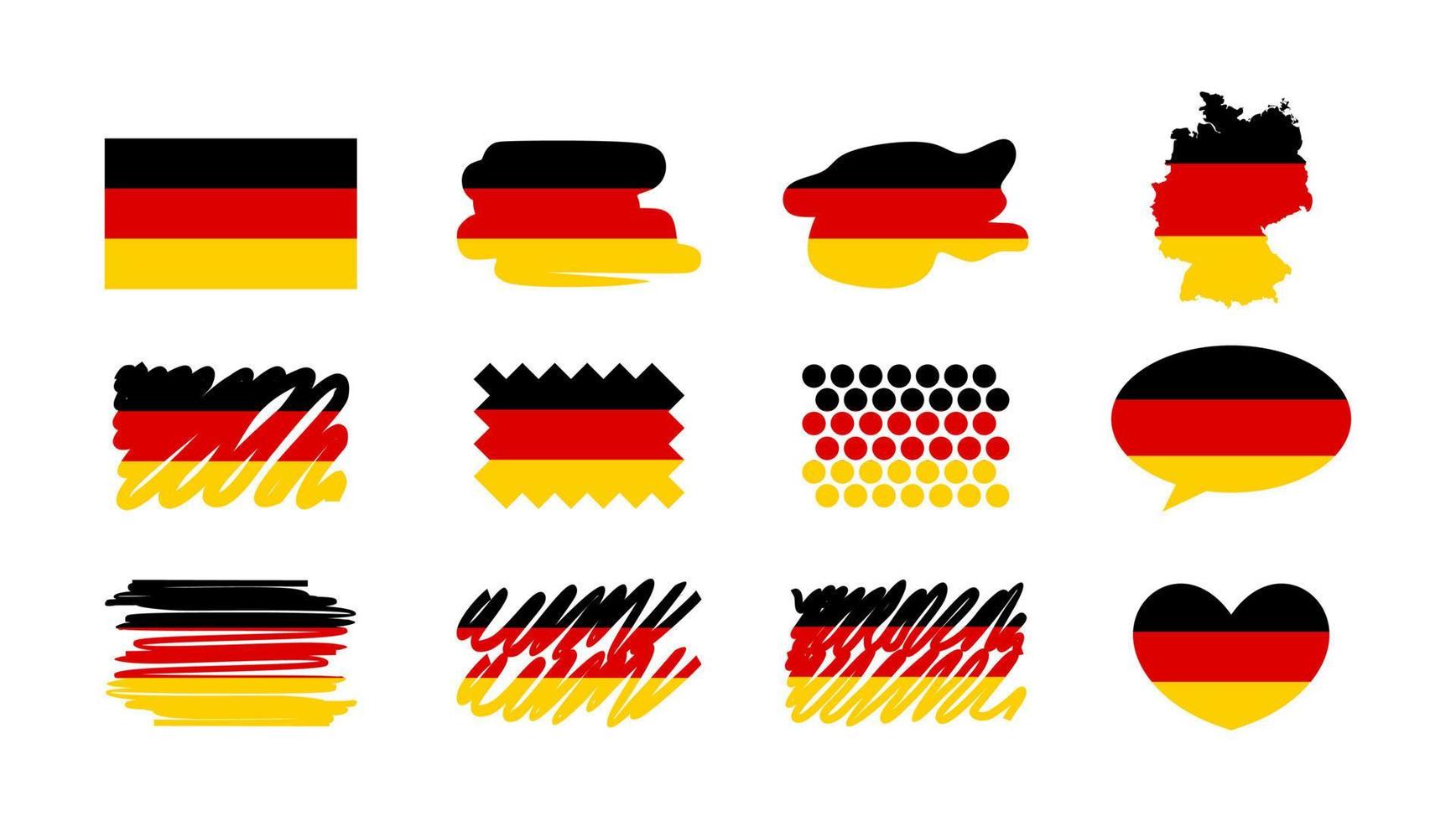 Germany flag - flat collection. Flags of different shaped twelve flat icons. Vector illustration set. Germany map. Heart, dots, hand drawn.