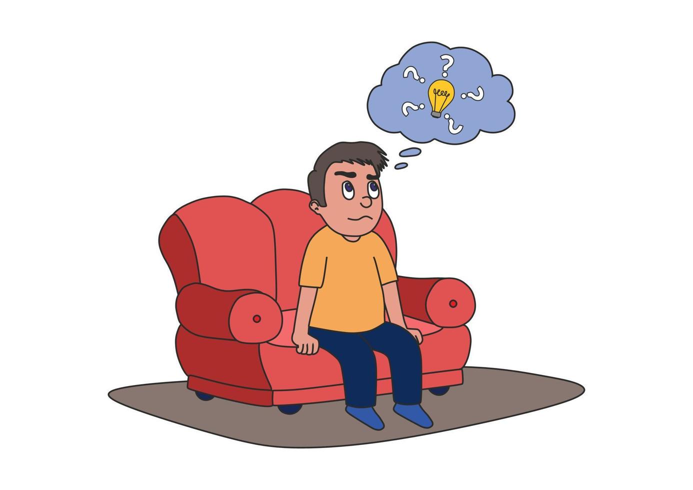 Man in casual clothers sititing on couch and thinking. Have an idea. Boy sit on sofa. vector