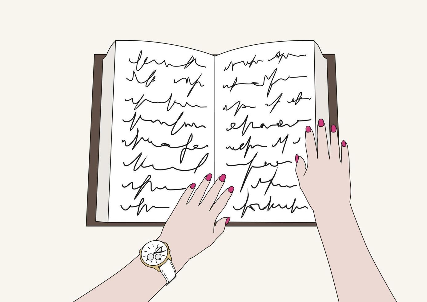 Girl is reading book. Top view. Hands, nails, clock, table. vector