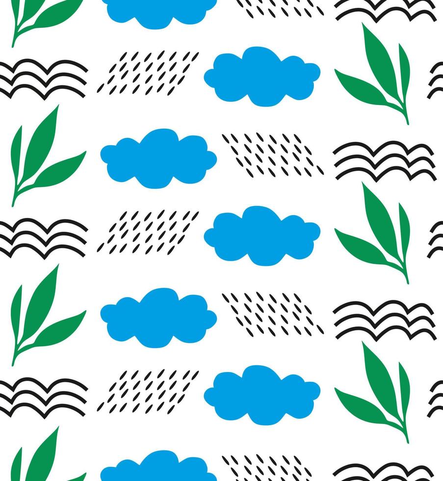 Cute blue and green theme cloud, sky and leaf's cartoon seamless pattern. vector