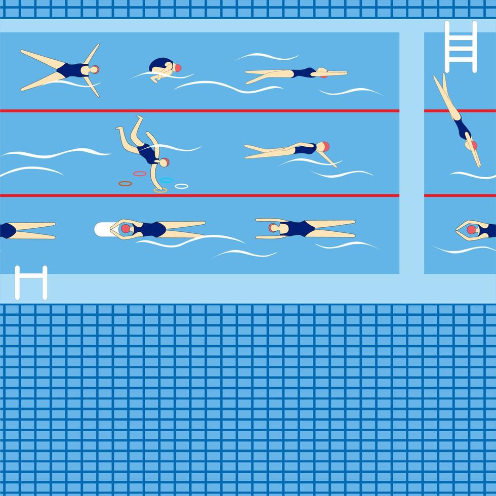 Swimmers in swimming pool. Sport professional swimming pool with lanes. people swim in public swimming pool vector illustration set. Seamless pattern.