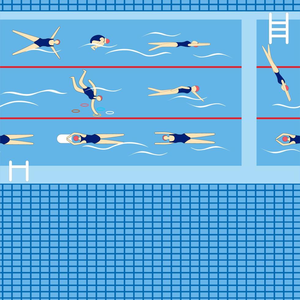 nadadores en piscina. Piscina deportiva profesional con carriles. la gente nada en el conjunto de ilustraciones vectoriales de la piscina pública. patrón sin costuras vector