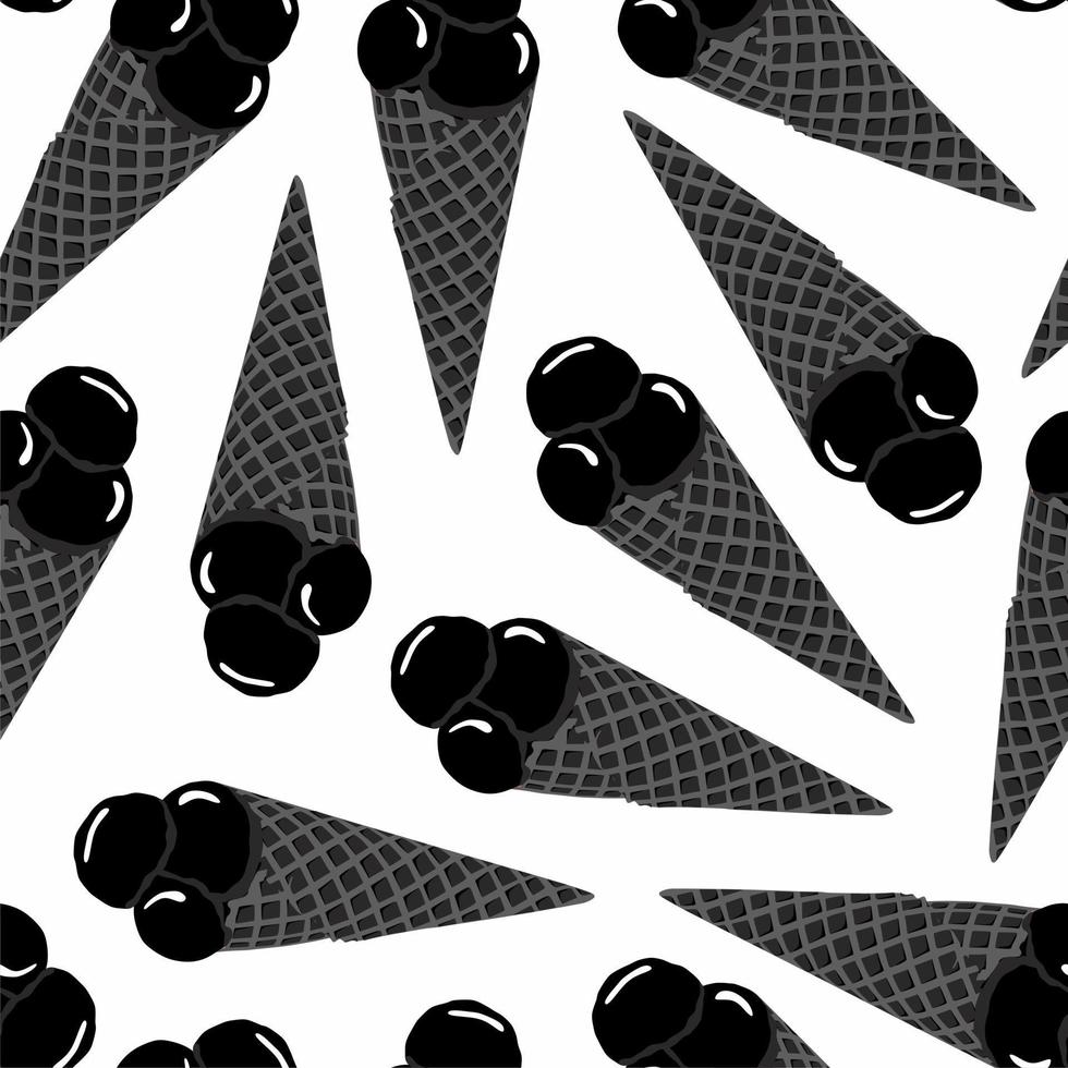 Black ice cream icon vector illustration. Isolated on white background. Sweet and cold dessert. Three scoops of ice cream. Waffle. Seamless pattern. Print, textile, fabric, wrapping paper.