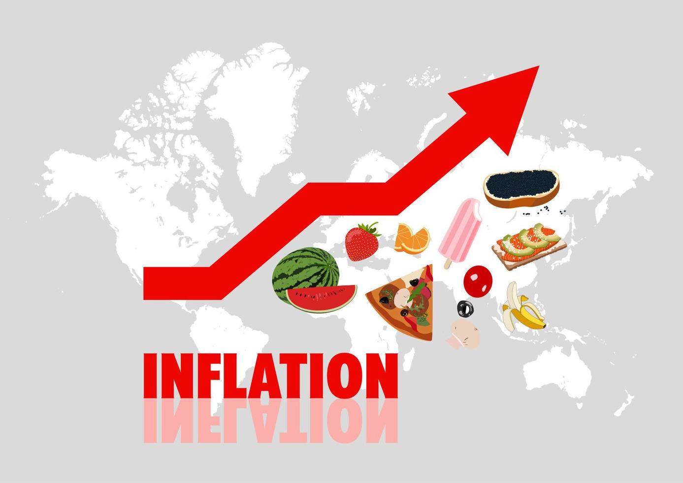 Food inflation and crisis going up. World map. Red arrow. Vegetables, fruits and other products. vector