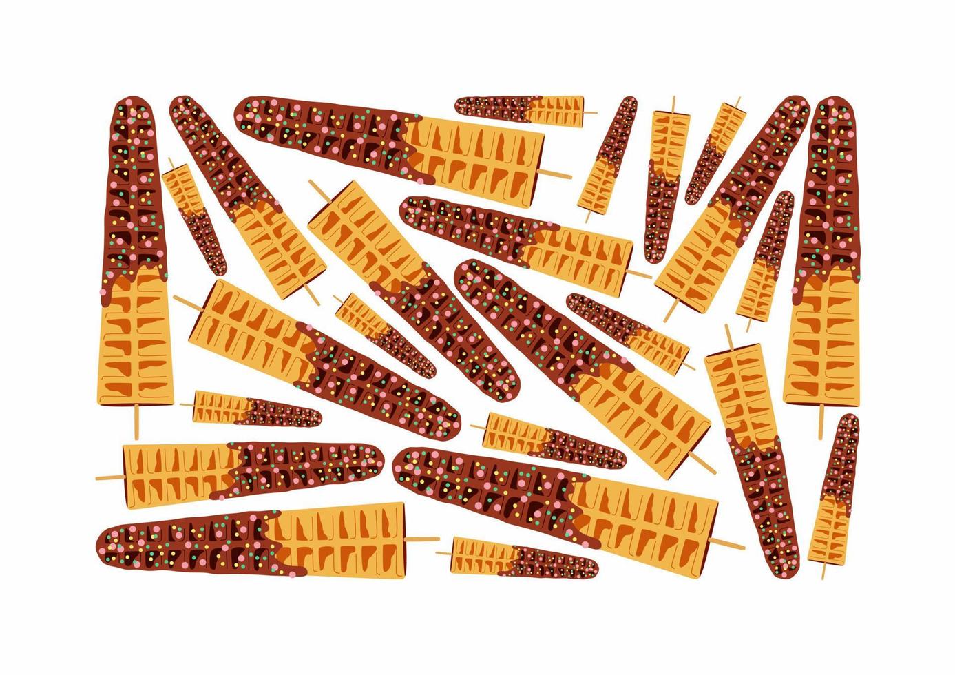 Sweet food and dessert food, vector pattern of golden brown homemade corn dog or hot dog waffle on a stick in various flavors decorations and dark or black chocolate.