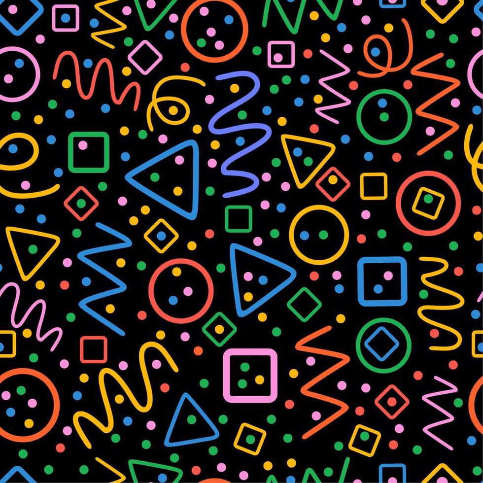 Colorful seamless pattern. Circles, triangles, serpentine, dots, squares, rhombus and zigzag. Fun colorful line doodle shape background. vector
