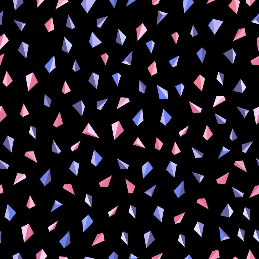 patrón sin costuras triángulos azules y rosas sobre fondo negro. papel de regalo, estampado, textil, tela. diamantes, cristales. cielo nocturno. formas geométricas. vector