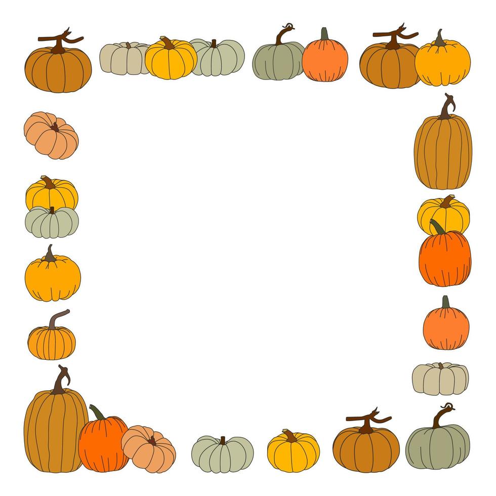 Frame or border. Pumpkin set. Different sizes and colors. Halloween celebration. Empty space for text or picture. Card, post, web banner, wedding invitation. vector