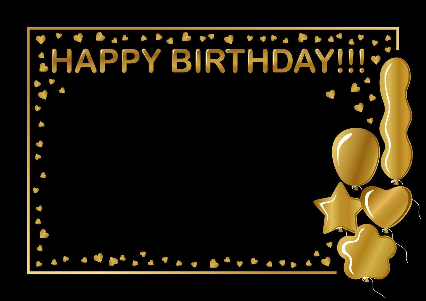 Happy Birthday card. Gold balloons and confetti. Gold frame. Isolated on dark black background. Different shapes of balloons. vector