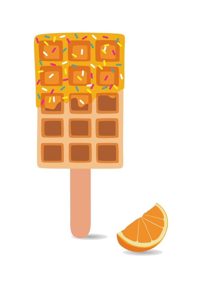 Sweet food and dessert food, vector illustration of golden brown homemade corn dog or hot dog waffle on a stick in various flavors decorations and orange chocolate with slice orange.