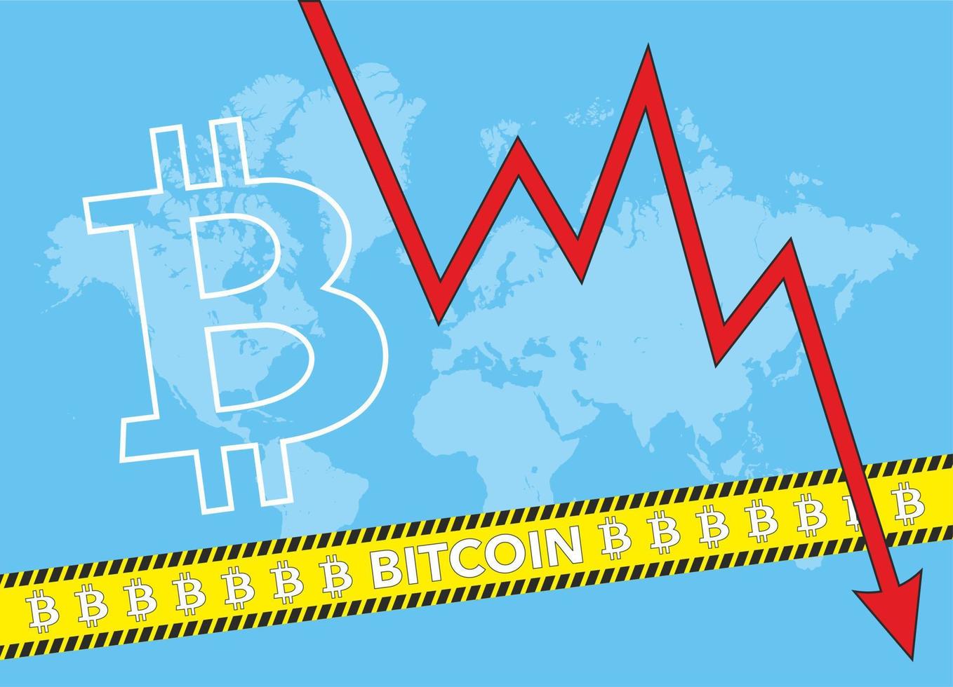 La calificación del índice de bitcoin baja en el mercado de intercambio. flecha roja. la tasa de bitcoin está bajando en el fondo del mapa mundial. cinta amarilla. palabra bitcoin vector