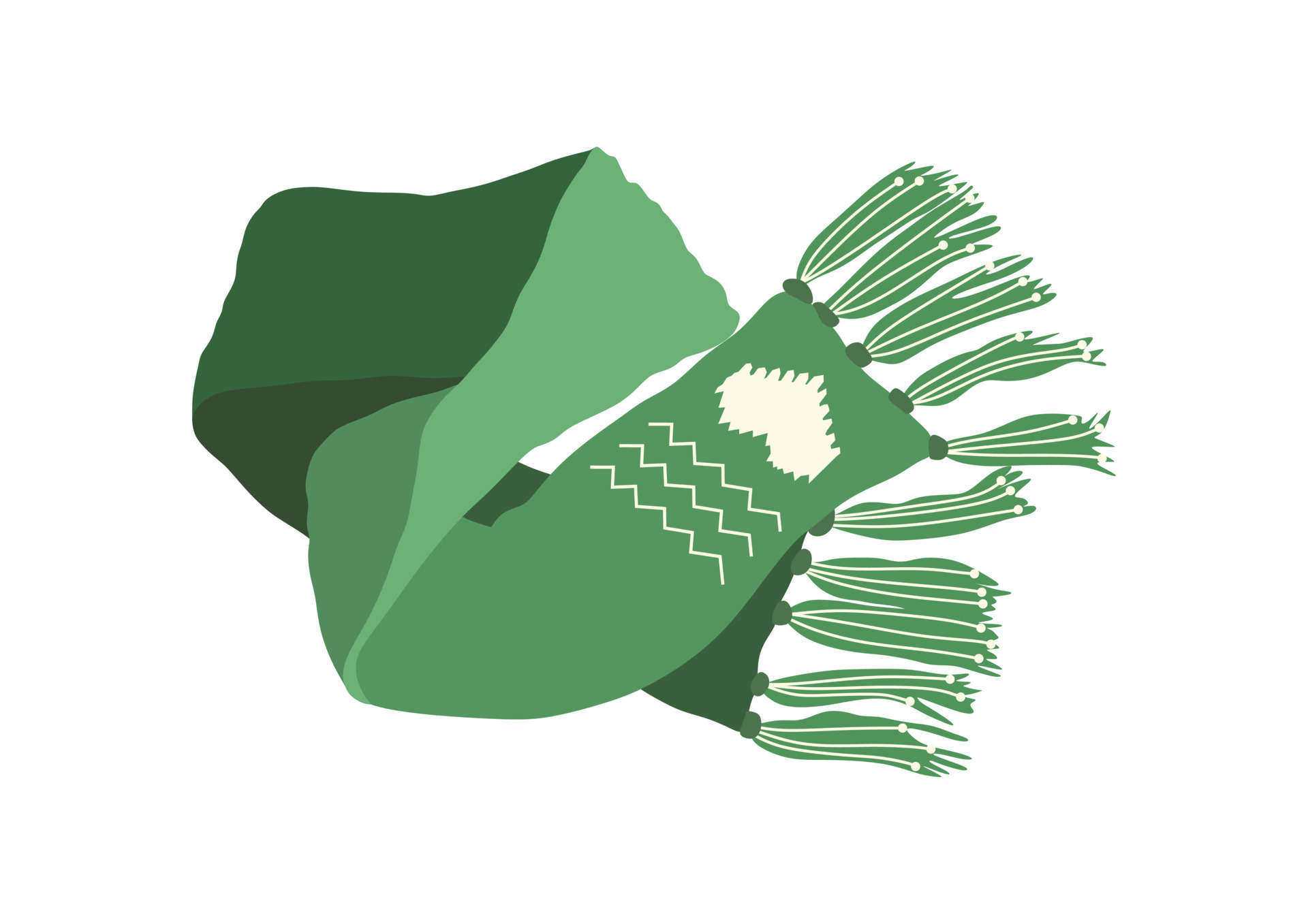 Green knitted scarf with beige heart shape. Top view. 17642623 Vector